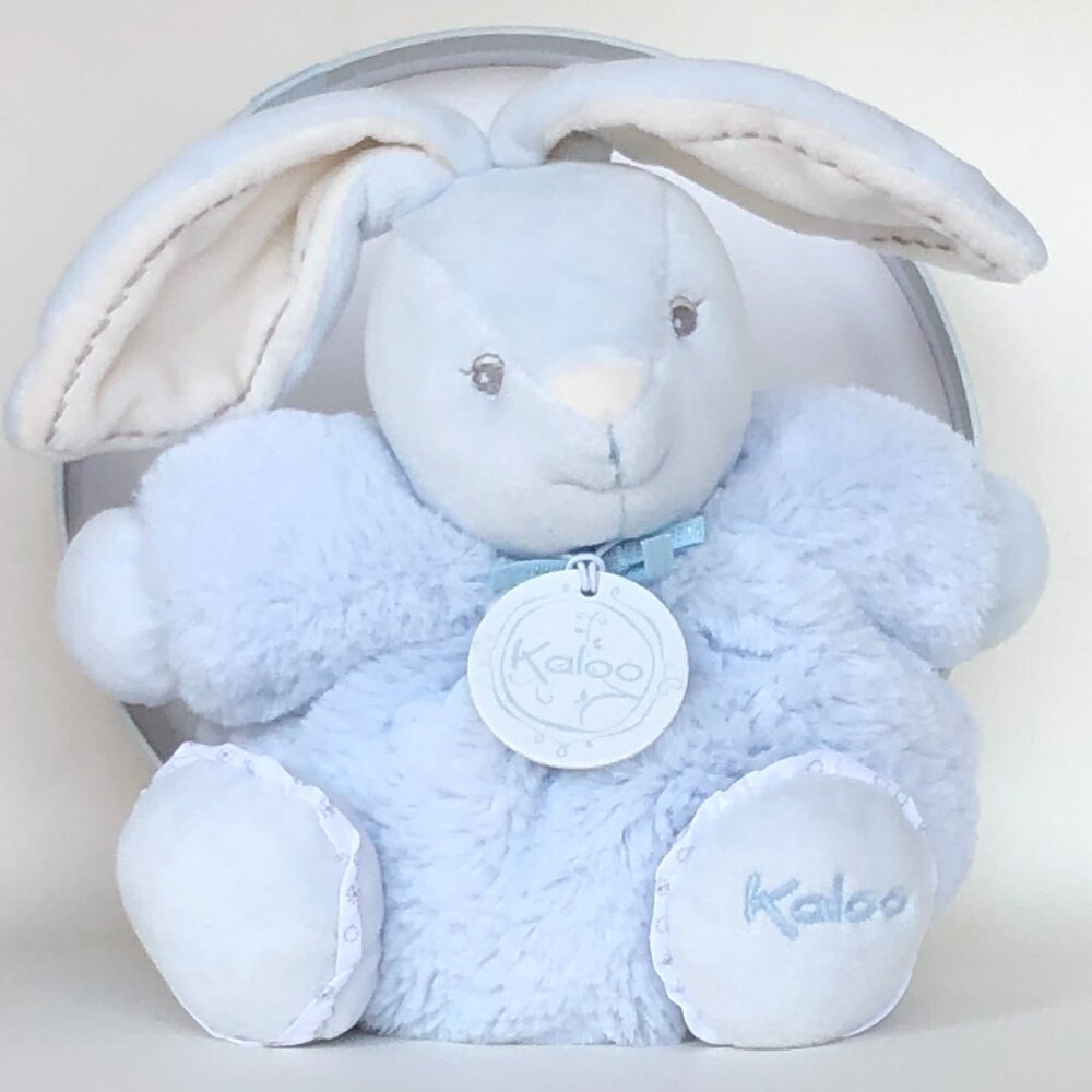 NIB Kaloo New  Plush Blue Rabbit Soft Plush Stuffed Animal w/Round Gift Box